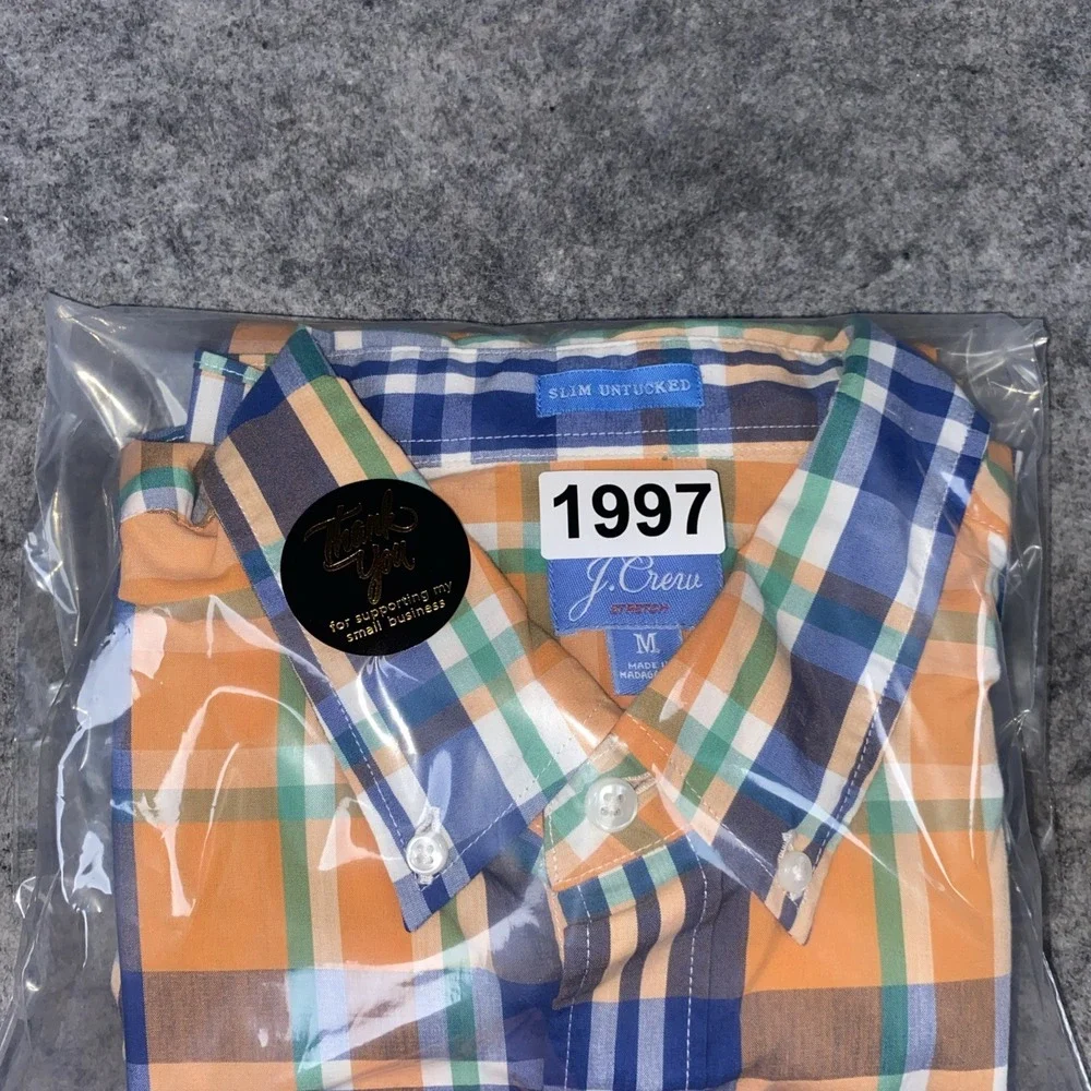 J. Crew Button Up‎ Shirt Men's Blue & Orange Plaid Slim Untucked Stretch Cotton